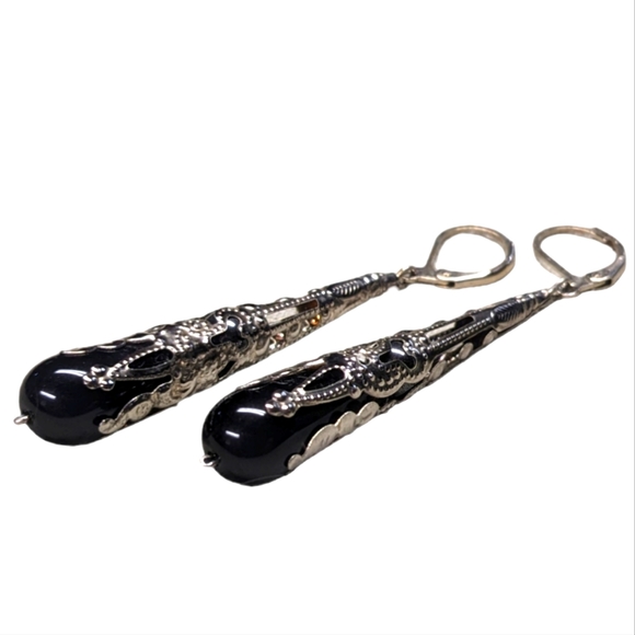 Angel Heart Treasures Jewelry - HandmadeBlack Czech Glass Tear Drop Filigree Silver Plated Long Dangle Earrings